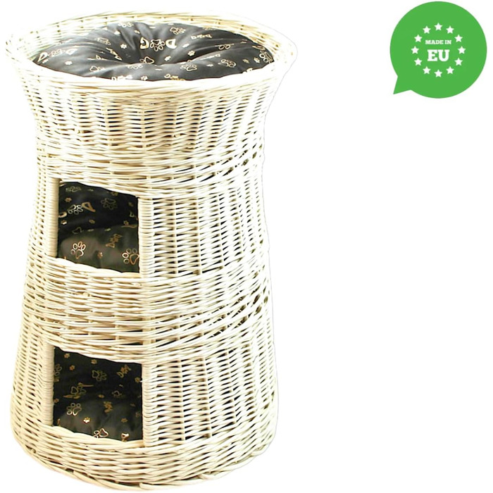 Кігтеточка-ліжко для котів: кругла хатинка з ротангу, триповерхове ліжко для собак та котів, колір білий (з коричневими та золотими подушками)