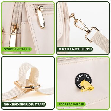 Сумка для собак COOWONE Leckerli-Tasche, водонепроникна, з тримачем для відходів, декілька кишень, сумка для перенесення ласощів, регульований ремінь, товстий плечовий ремінь, сумка через плече для цуценят, прогулянок, піших походів, бежева