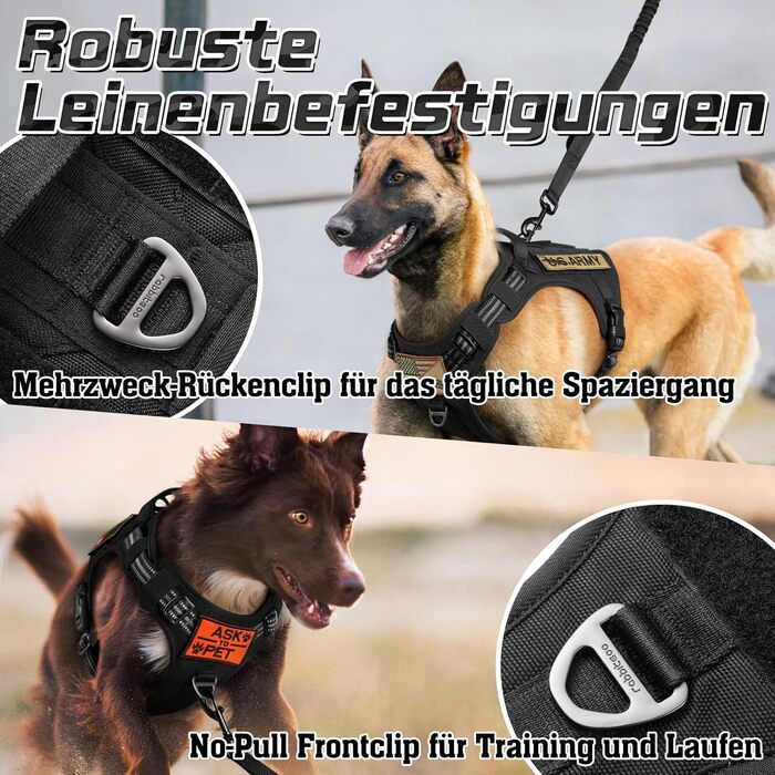 Нагрудник для собак Rabbitgoo, великий, анти-тяга, регульований, з ручками, міцний, тактичний, з металевими пряжками, чорний (L)