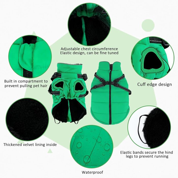 Зимовий одяг для собак ZoneYan: регульований, водонепроникний, теплий, з відбиваючими елементами (зелений, S)