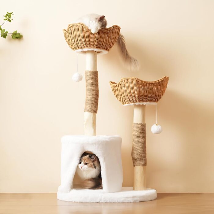 Кігтеточка для котів CareCooo 135 см з 12 стержнів, стабільна, з будиночком, сизаль, захист від перекидання, водонепроникна, для великих котів, коричнева/біла (Natural+White, XL)