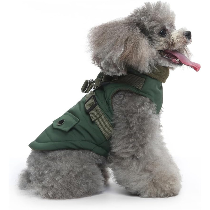 Вітростійка куртка для собак, тепла жилетка для цуценят та собак середніх розмірів, зелена, XL. З D-початком та блискавкою на спині.