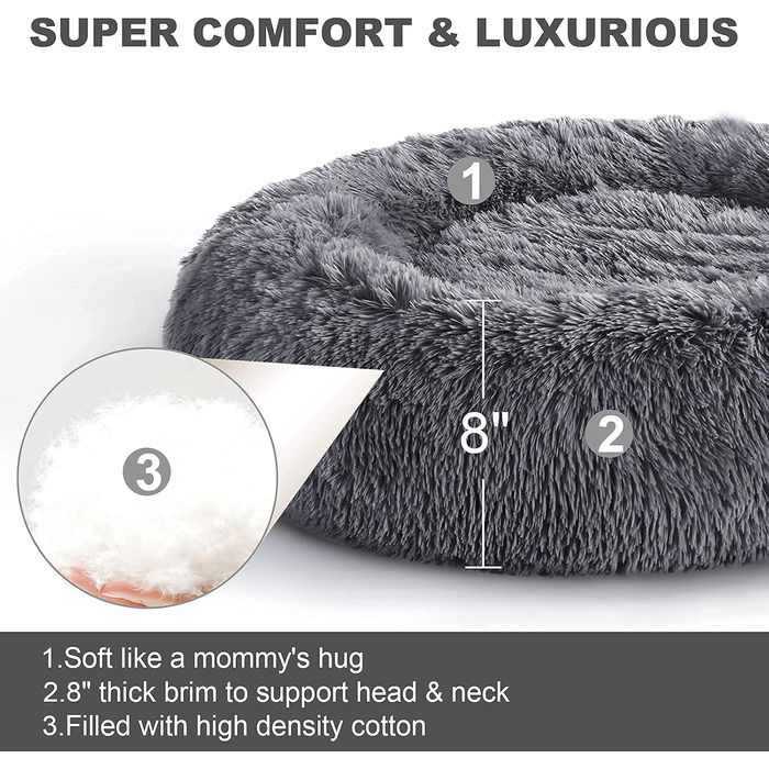 COOSLEEP HOME: М'яке ліжко для собак та котів з штучним хутром, Donut-подушка, водонепроникне дно, машинного прання, міцне (S, 58,4 x 58,4 см, темно-сірий)