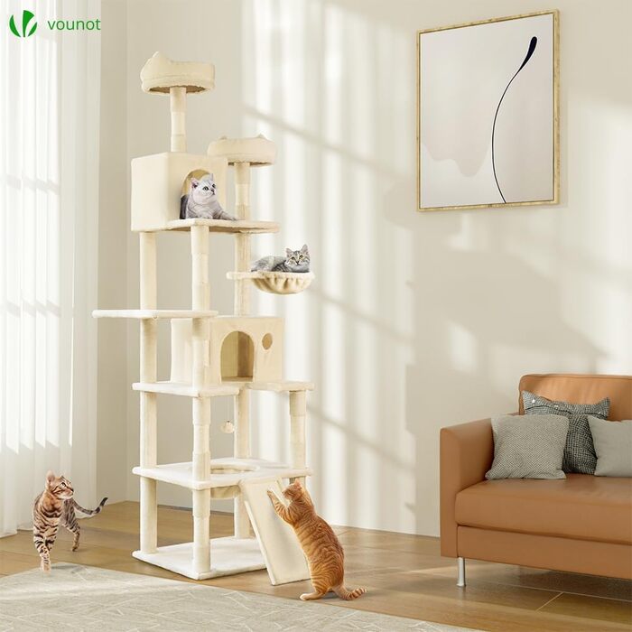 Двоповерховий котячий будиночок Vounot XXL (215 см), котячий комплекс з гамаком, корзиною та шматочками для дряпання, сірий та бежевий