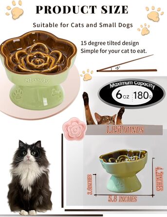 Миска для повільного годування домашніх тварин, керамічна, піднята та нахилена, для котів та маленьких собак, запобігає блювоті та удушенню (Рожева)
