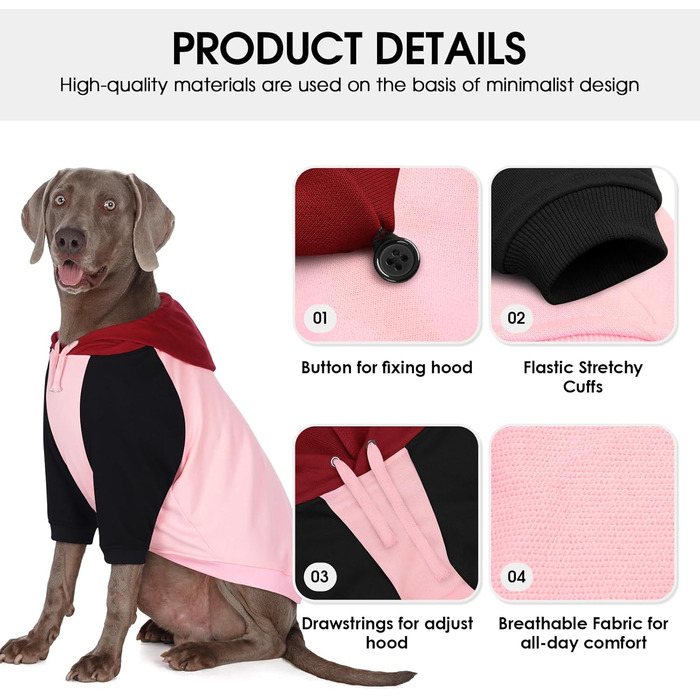 Теплий худі з капюшоном для великих собак AOFITEE, рожевий, розмір L. Ідеально для Boston Terrier, Mops та інших великих порід. Підходить для осені та зими.
