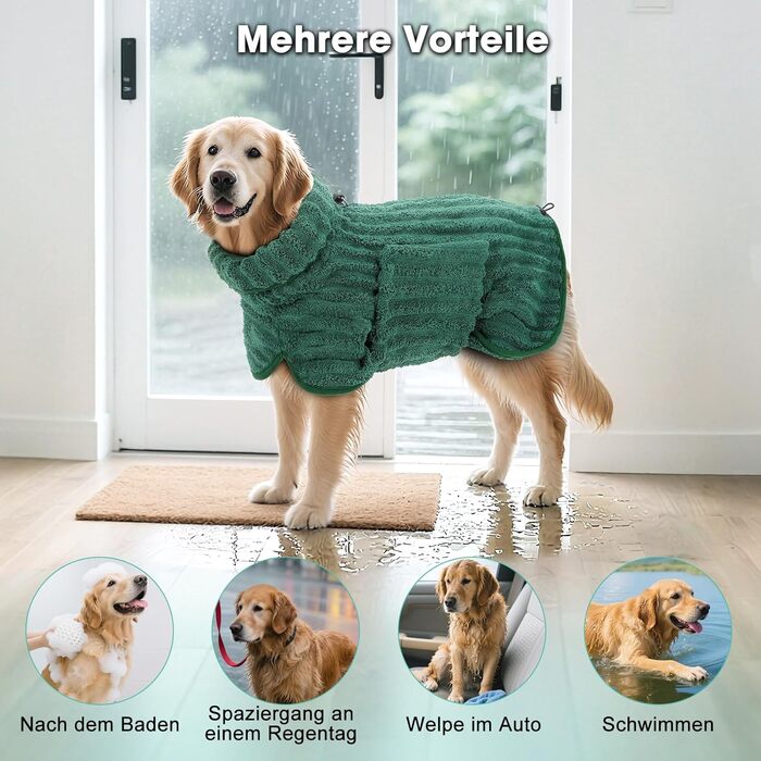 Рушник для собак з мікрофібри, швидковисихаючий, з клямкою та регульованою гумкою, придатний для прання в машині, для великих, середніх та маленьких собак (XXL, зелений)