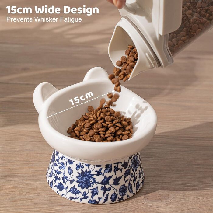 Котло propositions, Підвищена годівниця для котів TIGOADT, керамічна, широка, нахилена, проти блювоти, для кошенят та дорослих котів (блакитно-білий візерунок)