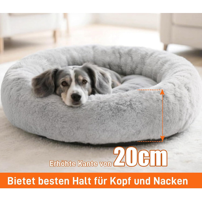 Кругле ліжко для собак O·Lankeji з плюшевого хутра, знімний кошик, для котів та собак, неслизьке дно, для маленьких, середніх та великих собак, сірий колір, M-діаметр 60 см