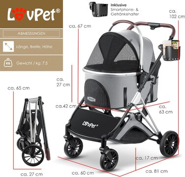 Lovpet 3-в-1 візок для собак і котів до 20 кг, складаний, великі колеса, сітчасті вікна, дощовик, тримач для напоїв, м'яка підстилка, транспортувальна сумка, універсальний для домашніх тварин