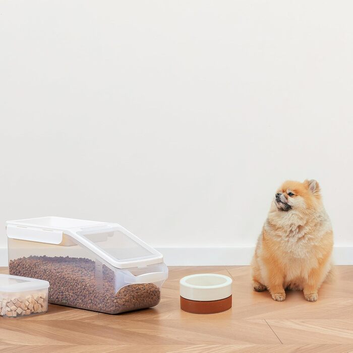 Контейнер для корму з колесами і мірною чашею, герметичний, BPA Free, верхня кришка, для сухого корму котів і собак, білий, розмір L