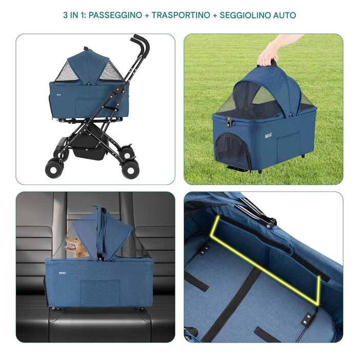 Дитячий візок для тварин BAKAJI 2 в 1, 40 кг, складний, знімний кокон, візок для собак та котів з кошиком для зберігання (блакитний)