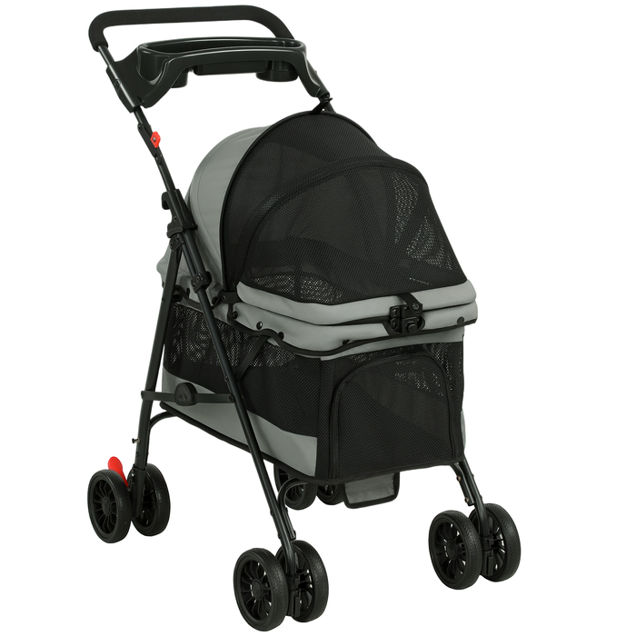 Складаний візок для собак (buggy) з подушкою, сітчастими вікнами та підстаканником, колеса 360°, для малих собак до 10 кг, сірий