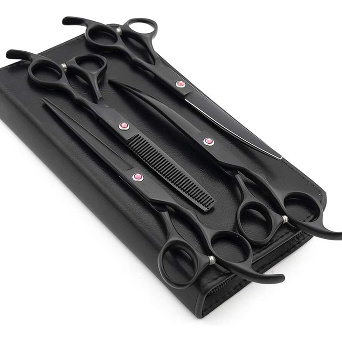 Набір професійних ножиць для собак 5-в-1, 7 дюймів, нержавіюча сталь, включає прямі, фінішні, вигнуті та гребінці