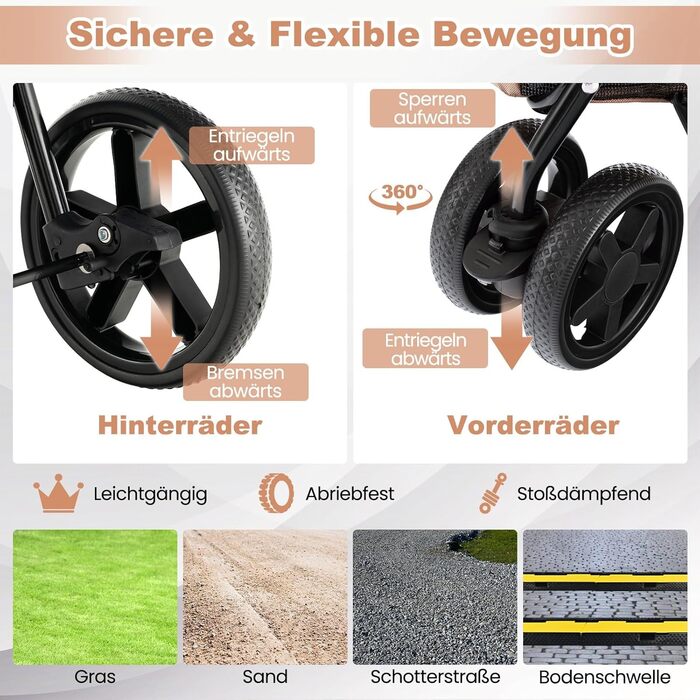 GYMAX Складаний візок для собак, буги для тварин з 2 знімними кишенями, візок для собак з передніми та задніми дверцятами, переноска для домашніх тварин з сітчастою тканиною та колесами з гальмом, переноска для собак та котів (Бежевий)