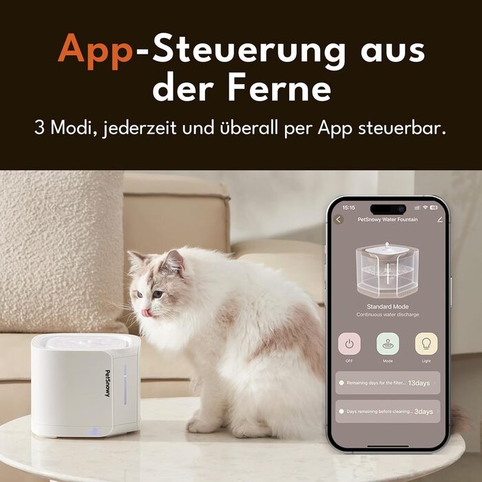 Автоматичний фонтан для котів PetSnowy 2л з Safe-Sip помпою, 3 режими, оглядове вікно, білий, для котів і малих собак