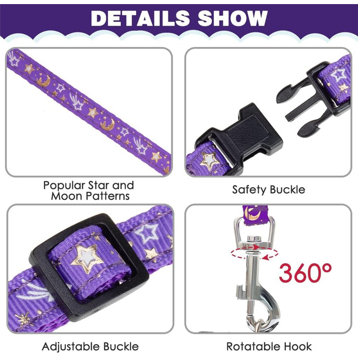 Шлейка для кота PAWCHIE з повідком та ошийником, витривала, регульована, світиться в темряві, для кошенят, для прогулянок на вулиці (фіолетовий, S)