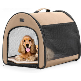 Складана переносна собача клітка Petsfit M, дихаюча, з вигнутим дизайном, антивідкривним замком і плюшевою подушкою, колір хакі, для дому