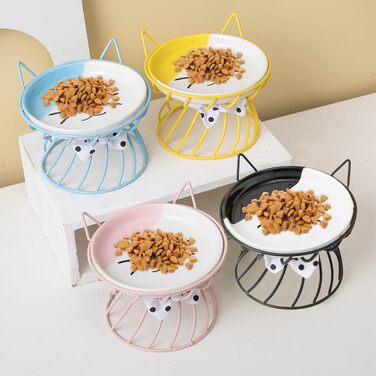 Керамічна миска для котів з металевим підставкою, піднята миска для котів Anti-Erbrechen, плоска керамічна миска для корму та води для котів та маленьких собак (Чорний)