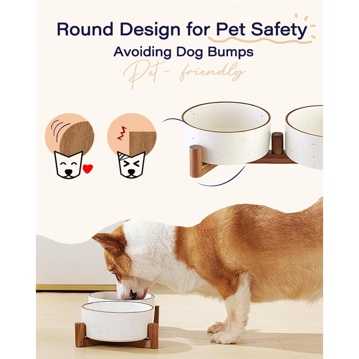 Набір мисок для собак Getstar з кераміки на підставці з акації, 887 мл, 2 шт, з кольоровим обідком