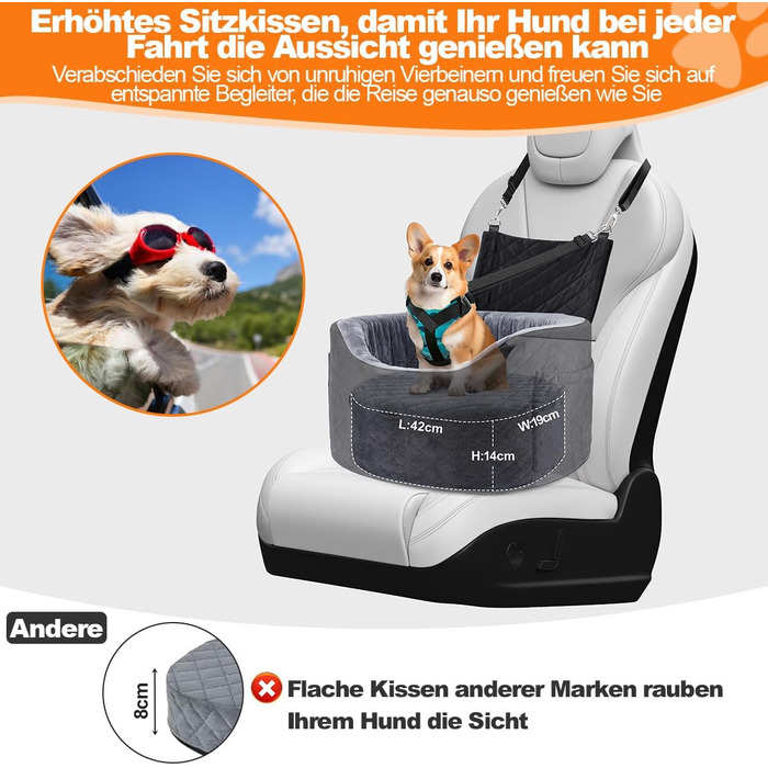 Автокрісло для собак - чорне автокрісло-бустер для маленьких собак з 28D Memory Foam, неслизький водонепроникний підкладка, переноска для подорожей з кишенями для зберігання та ковдрою, сірий (01-Чорний)