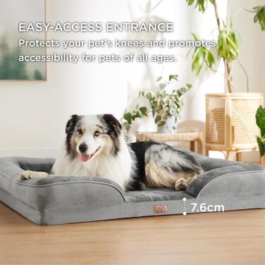 Ортопедичне ліжко для собак BEDSURE 106x80 см, ергономічний диван для великих собак, з яєчним поролоном, сірий, знімний чохол, антиковзке, пране