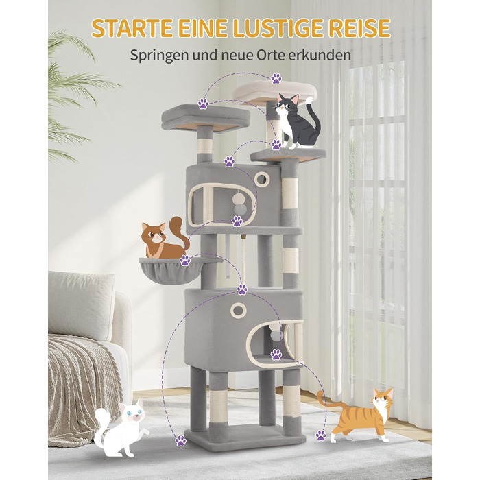 Кігтеточка для котів Hzuaneri, 159 см, з 8 стовпчиками, 3 платформами, 2 ховалами, корзиною, плюшевими кульками, мотузкою з сизалю, підходить для котів різних розмірів, MS15918LG (XL, світло-сірий)