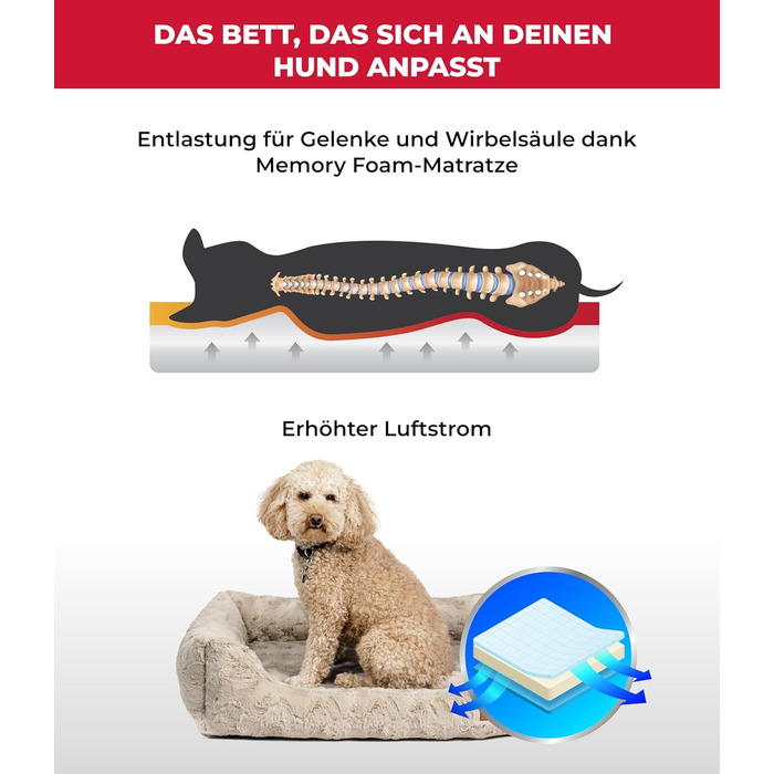 Ортопедичне ліжко для собак Deluxe Exklusiv M (70x90 см) з Memory Foam, антиковзаючою основою, можливостю прання, колір пісок, Made in Germany