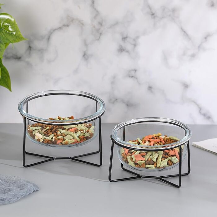 Скляна годівниця для котів та собак на підставці - нахилена та піднята миска для води та корму, 500 мл