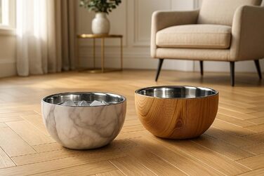 Німецький миска для собак Flamingo з нержавіючої сталі, 700 мл, Ø15,5 см, з подвійними стінками для тривалої свіжості, з антиковзким покриттям, придатна для миття в посудомийній машині, дерев'яна підставка Oase