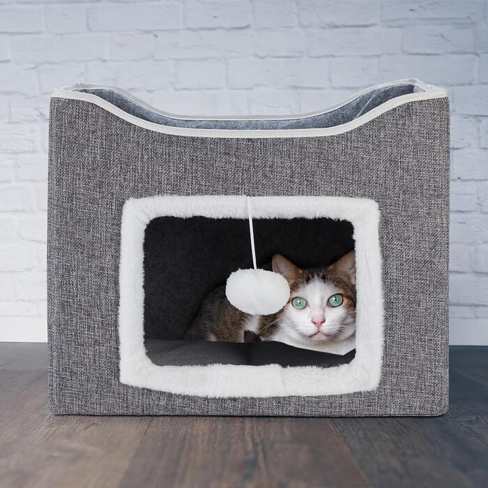 Будиночок для котів Relaxdays, 32x40x40 см, з іграшкою, кігтеточкою, 2 подушками, складаний, сірий