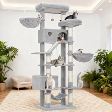 Великий котячий будиночок Kratzbaum GCT031W 200 см сірий: кігтеточка, платформа, гамак, печери для котів