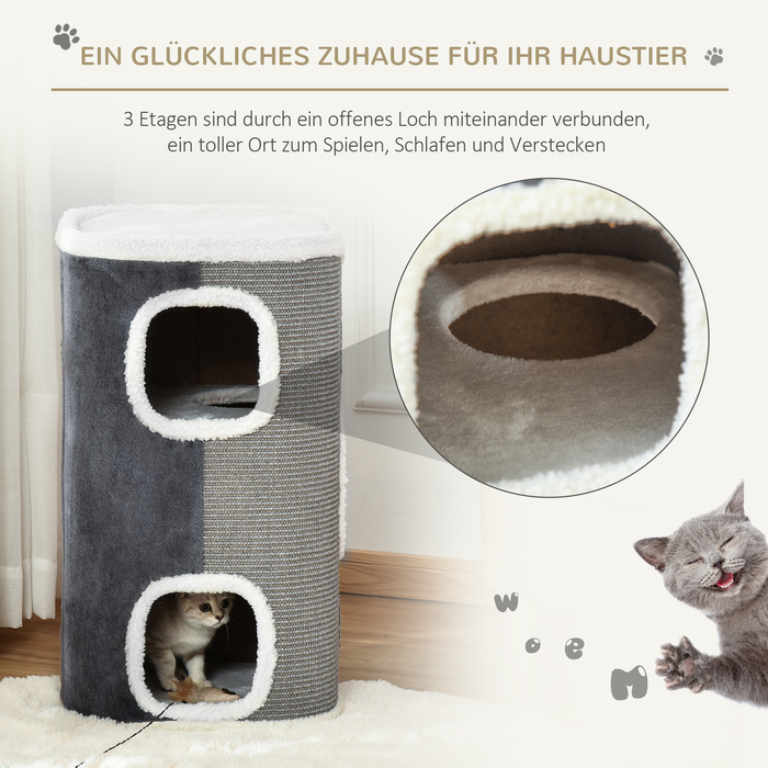 Кігтеточка PawHut Cat Tree з 3 ярусами, ДСП, оксамитовий поліестер, сизаль, сірий+білий, 40x40x74см| Аосом