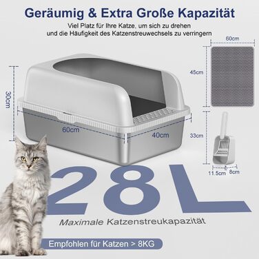 Набір для котячого туалету Vailge з нержавіючої сталі, 60x40x30 см, 28 л, з кришкою, килимком та совком