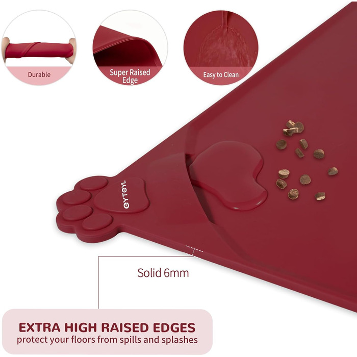 Водонепроникний килимок для годування домашніх тварин з високими бортиками, 55 x 38 см, силіконовий, нековзний, для собак, котів, запобігає розливанню води (Вулкан-червоний)