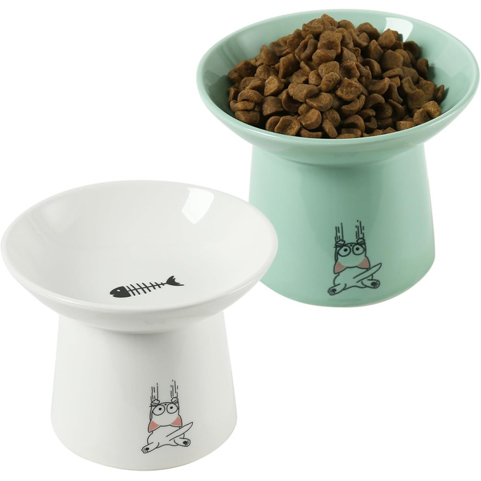 Керамічна миска для котів OMAYKEY з широким дном, 16,5 см, піднята миска для їжі та води, широка, плоска миска для котячого корму, захист від чутливості вусів, втоми, підтримка хребта, зелено-білий колір