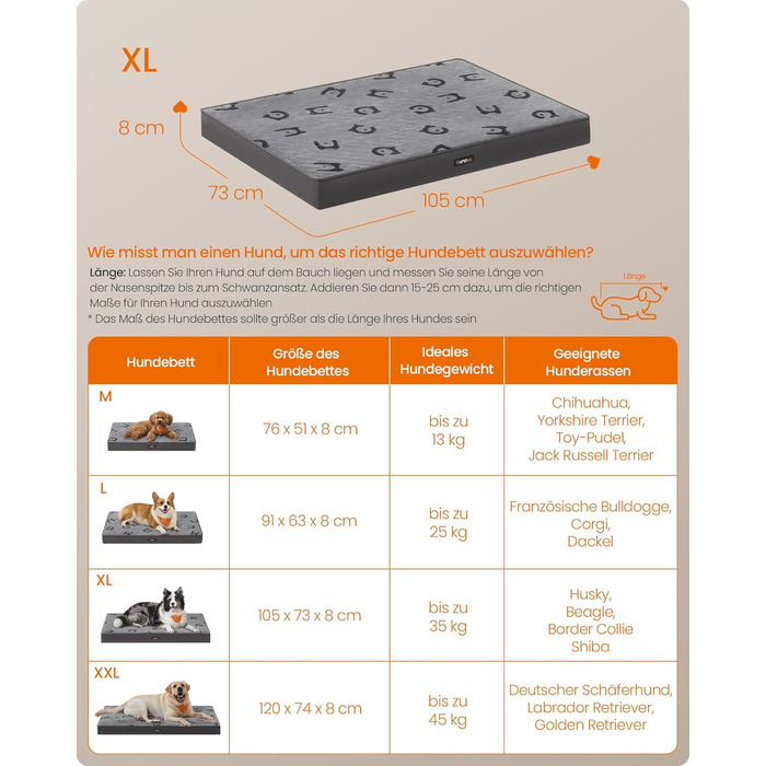 Ліжко для собак Feandrea, XL, 105x73x8 см, водонепроникне, знімний килимок, для середніх та великих собак, сірий