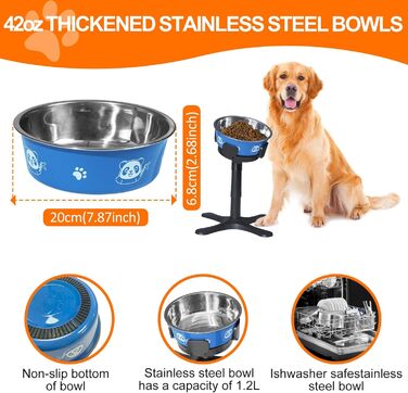 Підставка для годівлі собак, регульована висота, миска для води та корму, 3 рівні, стабільна та неслизька, для малих, середніх та великих собак (Блакитна)