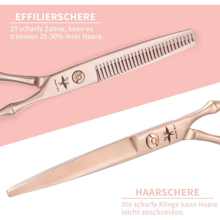 Набір професійних перукарських ножиць PURPLEBIRD (10 шт.) з нержавіючої сталі: перукарські та філірувальні ножиці для перукарів, барберів та початківців (рожеве золото)