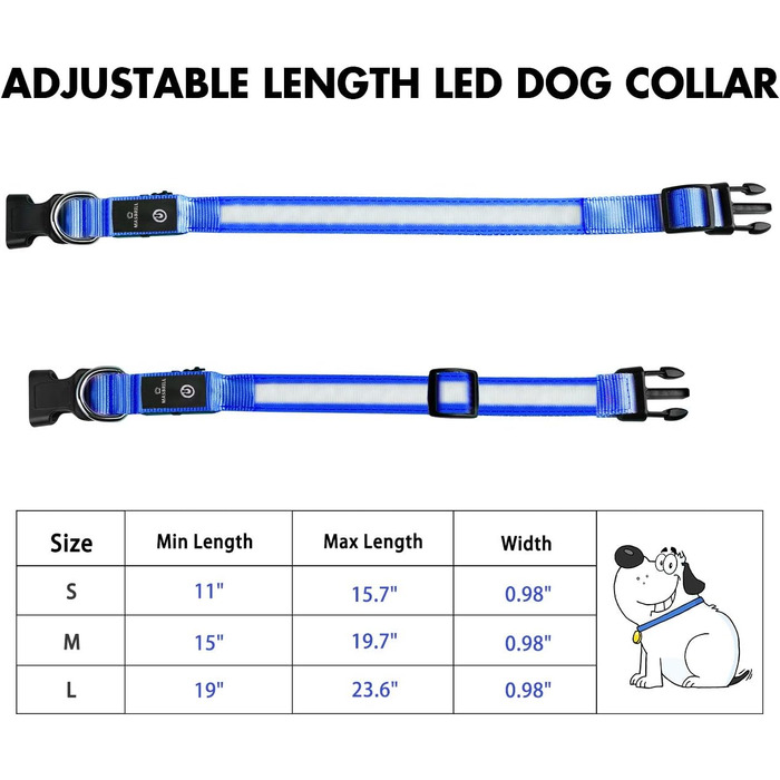 Світловідбиваючий нашийник для собак MABRILL з LED підсвічуванням, водонепроникний, 3 режими світіння, чорний/синій (S)