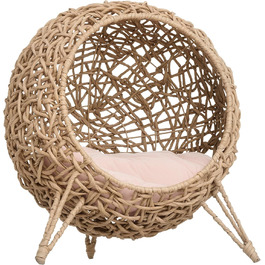 Будиночок для кота PawHut з ротангу з подушкою, лежанка для котів, котяча печера з піднятими ніжками, Ø52 x 58 см (натуральне дерево)