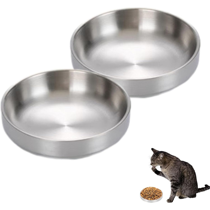 Миски для котів з нержавіючої сталі, 2 шт. - миски для сухого та вологого корму, срібні