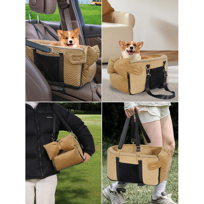 Автокрісло для собак маленьких порід, переноска для собак до 5,9 кг, з м'яким, знімним, миючим подушкою (Колір: Коричневий)