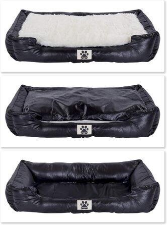 Крісло-ліжко для собак DeluxePet 'Schlummer' чорного кольору 100x70 см з штучної шкіри, 2в1 з двостороннім подушкою, для великих собак, з хутряною та шкіряною стороною, м'яке наповнення, антиковзаюча підкладка, розмір 100 x 70 см (середній)