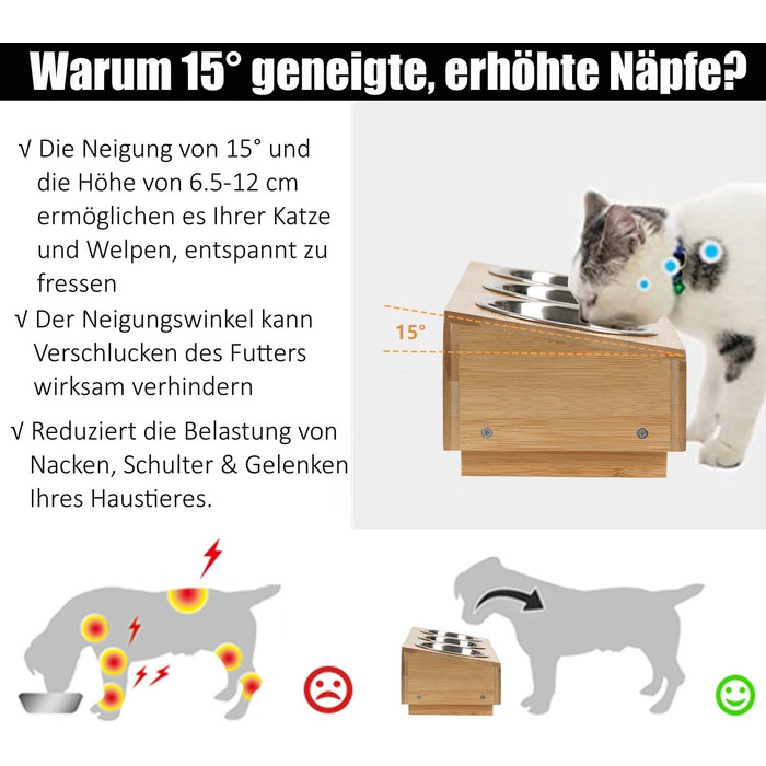 Набір мисок для котів JUJOYBD 3 шт. - підняті миски з нержавіючої сталі, кут нахилу 15°, ергономічна станція для годування котів та маленьких собак