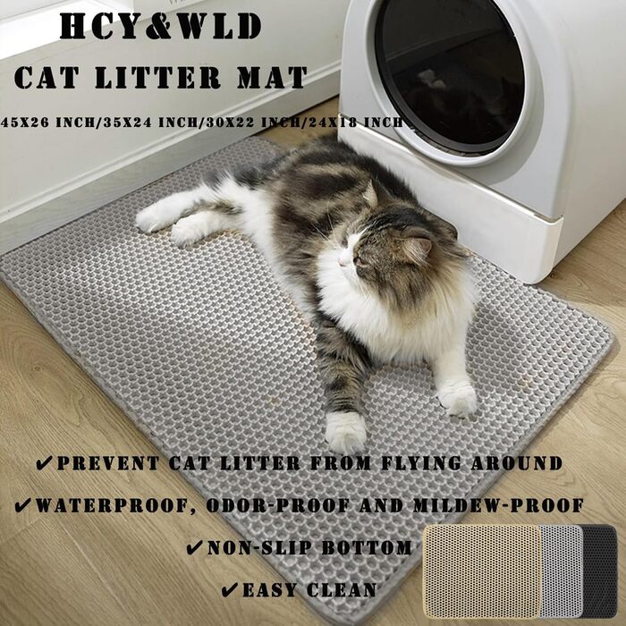 Килимок для котячого туалету HCY&WLD, великий, двошаровий, EVA, нековзкий, водонепроникний, стійкий до сечі, легке очищення, для контролю наповнювача, 114x66 см, чорний