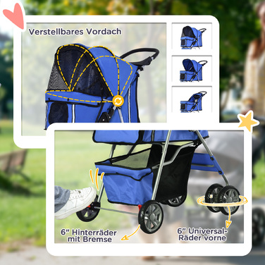 PawHut Dog Stroller Dog Buggy Pet Stroller Jogger Trailer для собак синій, складний і легкий, чудово підходить для поїздок