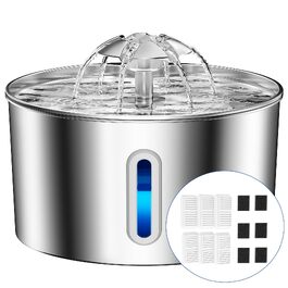 Фонтан-поїлка для котів із нержавіючої сталі, 2.2л, безшумний з LED-підсвіткою та системою фільтрації (3 вугільні фільтри, 6 губок)