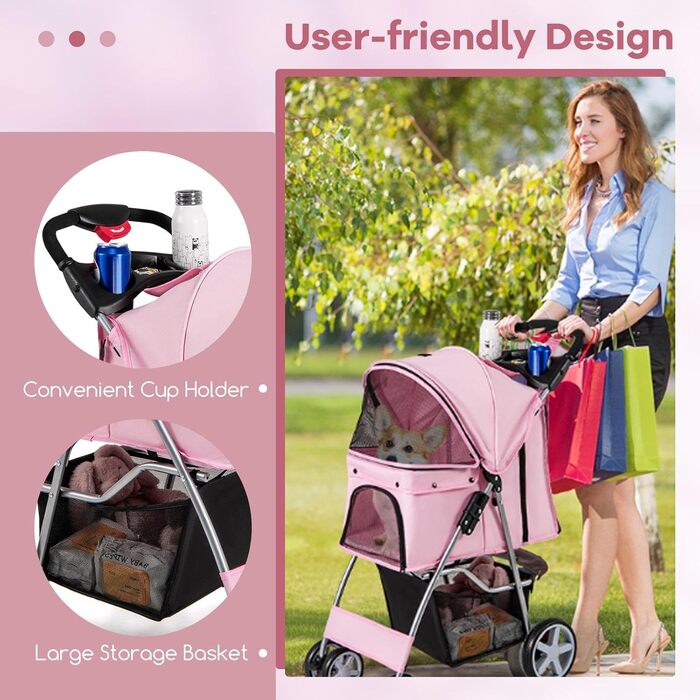 Собачий візок SOARS для собак до 15 кг, розкладний, з сітчастими віконцями, тримачем для напоїв та кошиком для зберігання, для маленьких тварин (Рожевий)