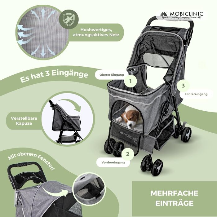Візок для собак Mobiclinic® Pets, сірий, до 15 кг, з великим кошиком, 3 вікна, гачок для води, поворотні колеса з гальмом